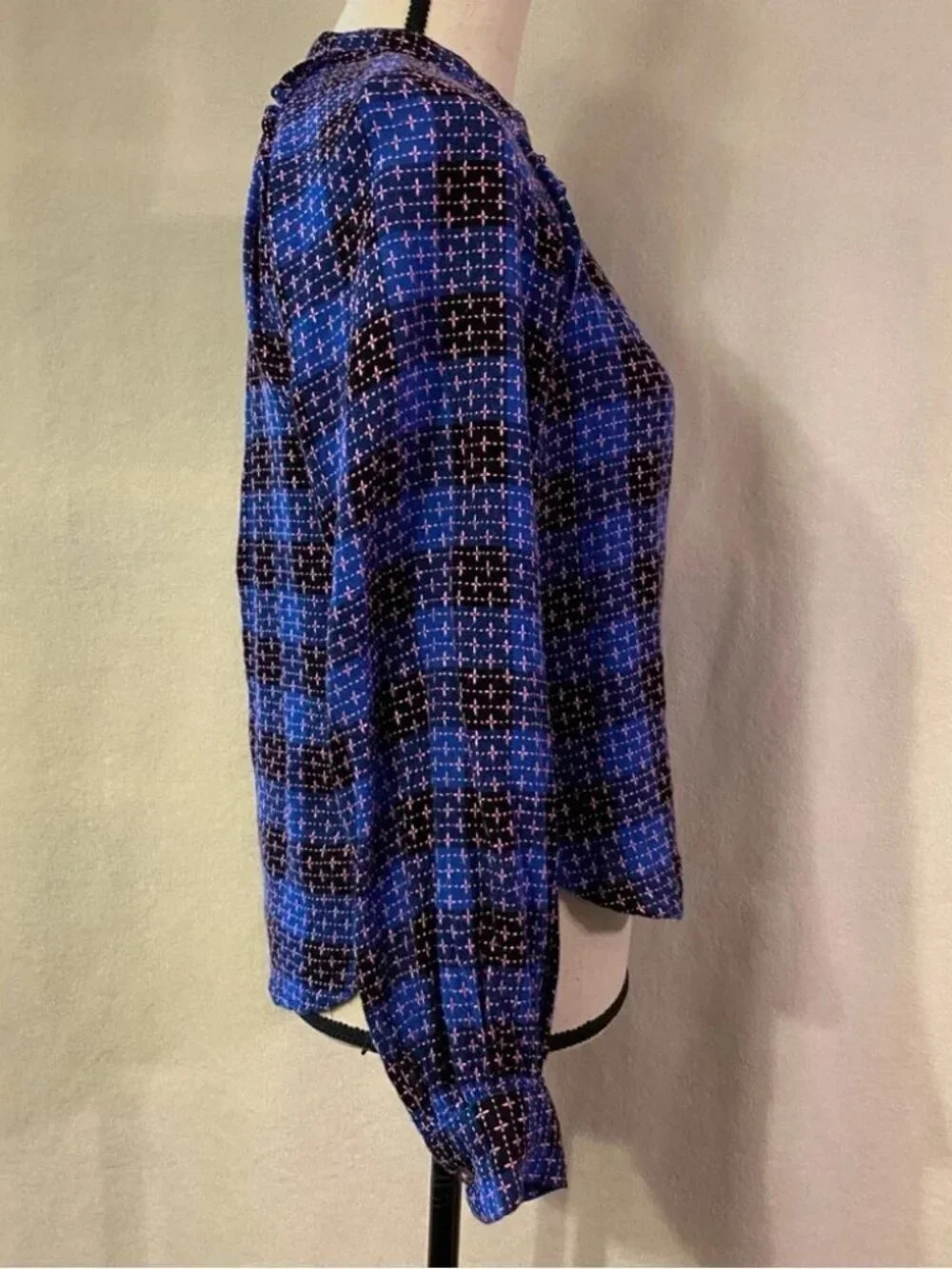 Pilcro Anthropologie blue pink black plaid ruffle button down shirt
